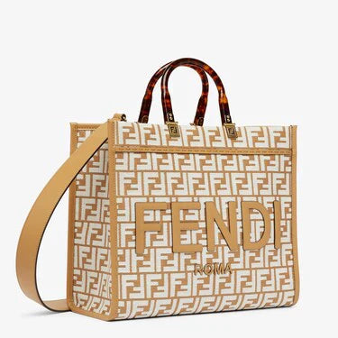 FENDI SUNSHINE MEDIUM SHOPPER IN RAFIA CON MOTIVO FF IN TESSUTO TAPESTRY BIANCO