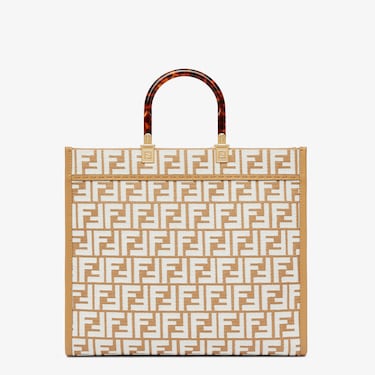 FENDI SUNSHINE MEDIUM SHOPPER IN RAFIA CON MOTIVO FF IN TESSUTO TAPESTRY BIANCO