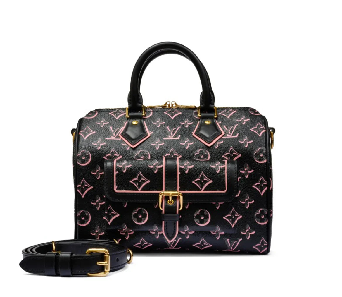 LOUIS VUITTON BLACK AND PINK COATED CANVAS FALL FOR YOU SPEEDY BANDOULIÈRE 25 GOLD HARDWARE,