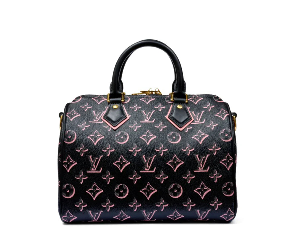 LOUIS VUITTON BLACK AND PINK COATED CANVAS FALL FOR YOU SPEEDY BANDOULIÈRE 25 GOLD HARDWARE,