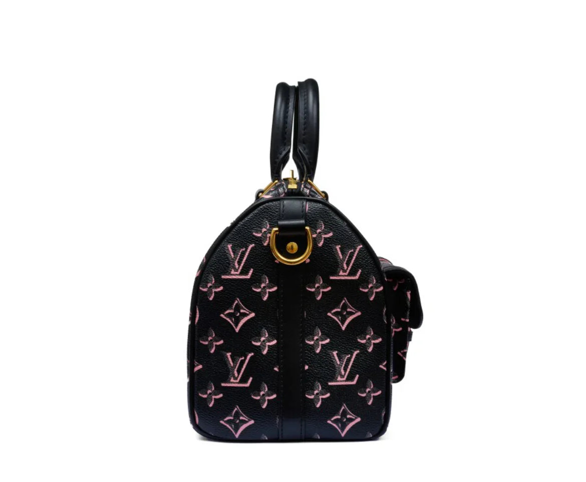 LOUIS VUITTON BLACK AND PINK COATED CANVAS FALL FOR YOU SPEEDY BANDOULIÈRE 25 GOLD HARDWARE,