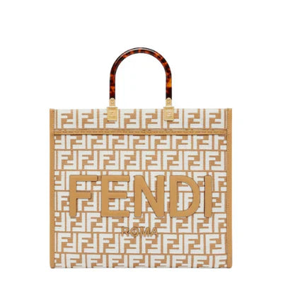 FENDI SUNSHINE MEDIUM SHOPPER IN RAFIA CON MOTIVO FF IN TESSUTO TAPESTRY BIANCO